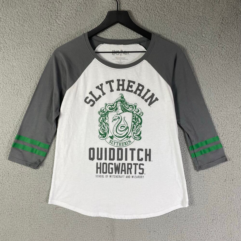 Harry Potter Slytherin Quidditch Raglan Shirt S Green Gray Hogwarts House Tee - Picture 3 of 7